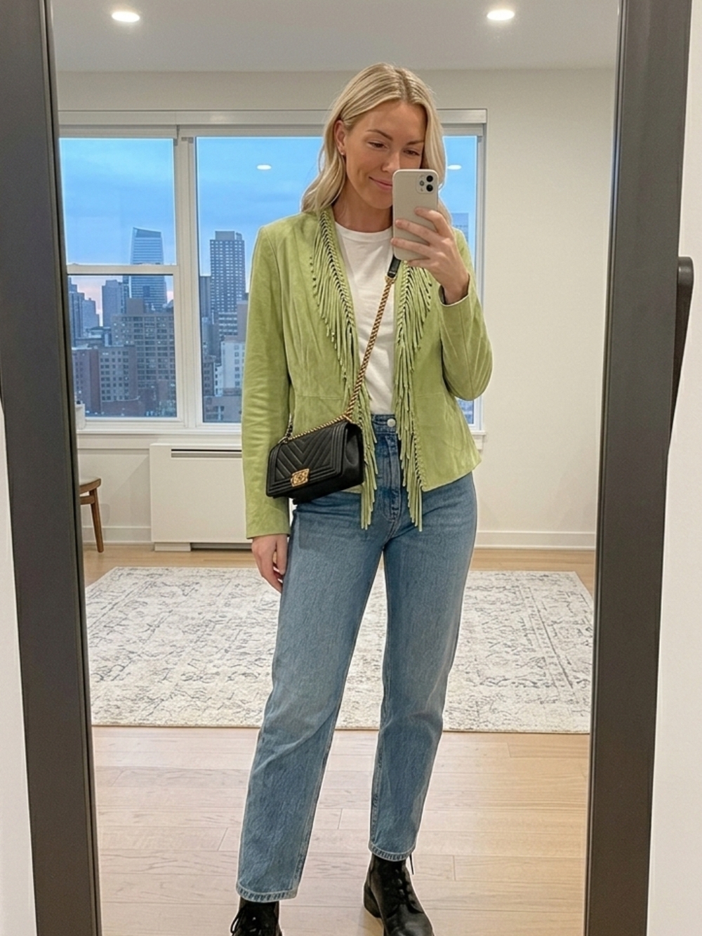 Dialogue Light Green Suede Fringe Jacket